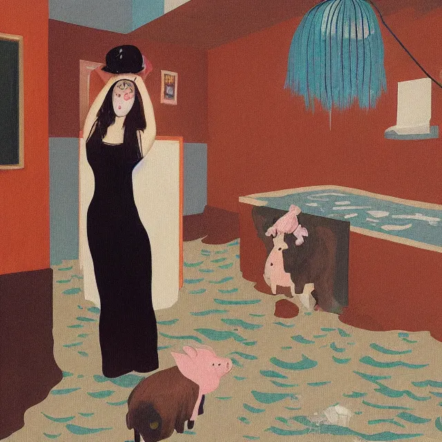 Image similar to tall female emo artist holding a pig in her flooded bathroom, water gushing from ceiling, painting of flood waters inside an artist's bathroom, a river flooding indoors, pomegranates, pigs, ikebana, zen, water, octopus, river, rapids, waterfall, black swans, canoe, berries, acrylic on canvas, surrealist, by magritte and monet