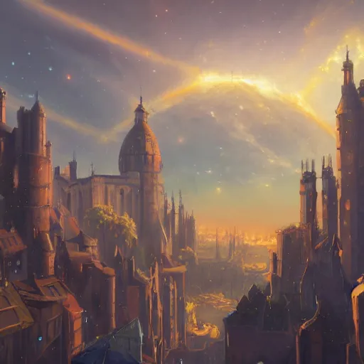 Image similar to Fantastic medieval city with sky in which stars and comets are visible, digital painting, concept art, artstation, 4k, by Makoto Shinkai, Maya Takamura, and James Jean