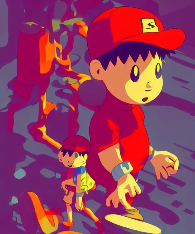 Prompt: ness from earthbound in the art style of josan gonzalez, crisp 8 k line art, digital painting, artstation, concept art, matte, sharp focus, hyper realistic lighting, illustration