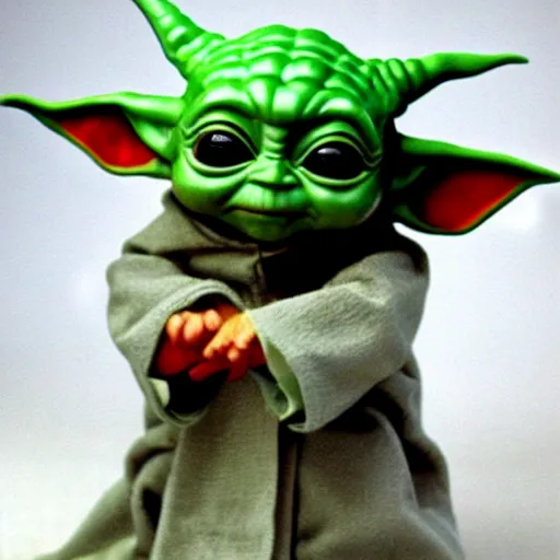 Image similar to baby yoda as a 1980's style Kenner action figure