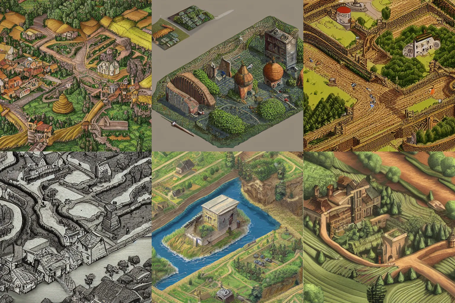 Prompt: perfectly isometric rural river and farm network, digital art, perfect details, gothic design by Carlo Crivelli, finished concept art