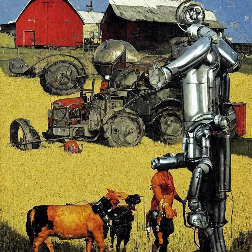 Image similar to portrait painting of a robot made of shiny reflective chrome in front of a barn and farm, painted by norman rockwell. agricultural scene. pulp sci - fi art for omni magazine. high contrast. dark background. baroque period, oil on canvas. renaissance masterpiece. trending on artstation. retrofuturism.