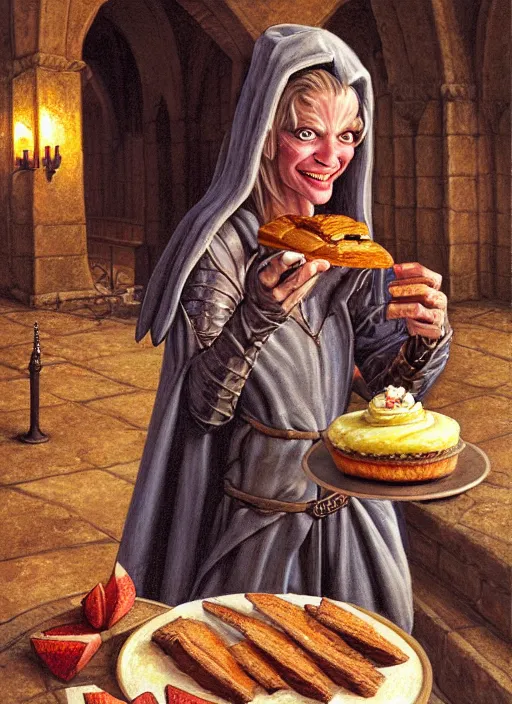 Image similar to portrait of a medieval goblin eating cakes in the cloisters, beautiful face, hyper realistic, highly detailed digital painting by earl norem, artstation illustration co