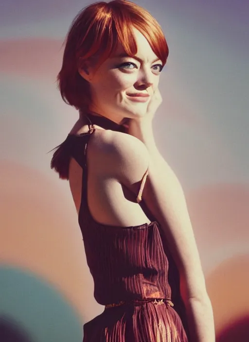 Image similar to young Emma Stone wearing a vintage Raypunk outfit, accurate anatomy, abstract sun in background, shiny soft skin, soft lighting, sharp details, warm colors, full body portrait, 35 mm film, subsurface scattering, lens flare