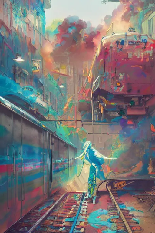 Image similar to trains covered colorful graffiti with paint drip, greg rutkowski, and moebius and loish and artgerm, painterly, illustration, backlit, beautiful artist rendering, gorgeous, masterpiece