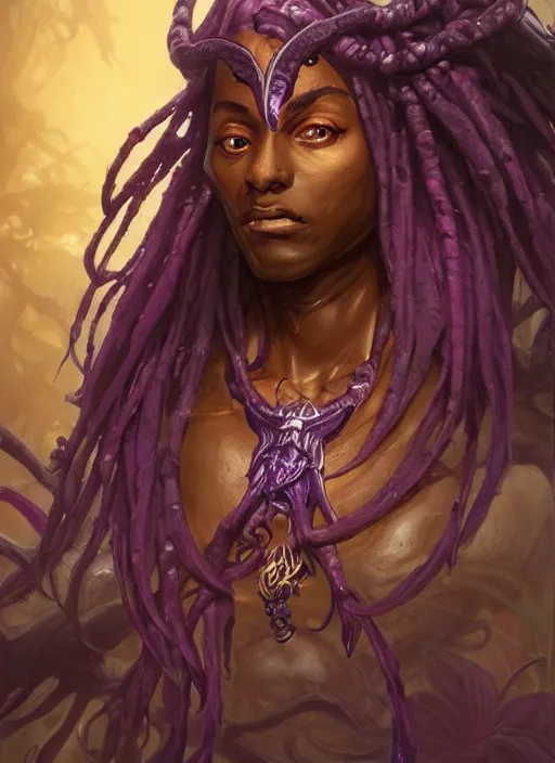 Image similar to dark skinned half elf, purple dreadlocks, god of illithid, fantasy, extremely detailed, digital painting, artstation, concept art, smooth, sharp focus, illustration, stunning lighting, art by artgerm and greg rutkowski and alphonse mucha and simon stalenhag, realistic character concept, high fantasy, light atmosphere, golden ratio, cinematic lighting, hyperdetailed, high resolution, insanely detailed and intricate, artstation, Marc Simonetti, Greg Rutkowski