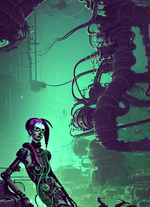 Prompt: highly detailed portrait of wasteland punk long caustic poison hair tribal lady, stray wiring by atey ghailan, james gilleard, by joe fenton, by greg rutkowski, by greg tocchini, by kaethe butcher, 4 k resolution, gradient green, purple, black and white color scheme!!! ( ( green flaming robotic sewer background ) )