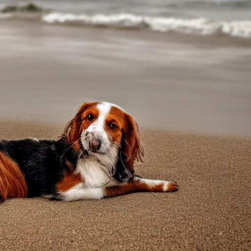 Prompt: kooikerhondje dog sleeping in the beach, stormy weather, very beautiful, detailed realistic HD 8k