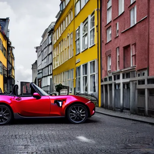 Prompt: a red haired danish man drives a mazda mx-5 down a street in copenhagen