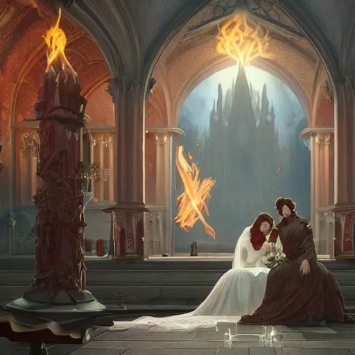 Image similar to an beautiful and detailed matte painting of a lesbian wedding between evil pyromancer and a red mage, unholy, white church background, god rays, detailed face, sharp focus, highly detailed, cinematic lighting, studio quality, colorful, smooth render, vector illustration, award winning, by artgerm, greg rutkowski, alphonse mucha