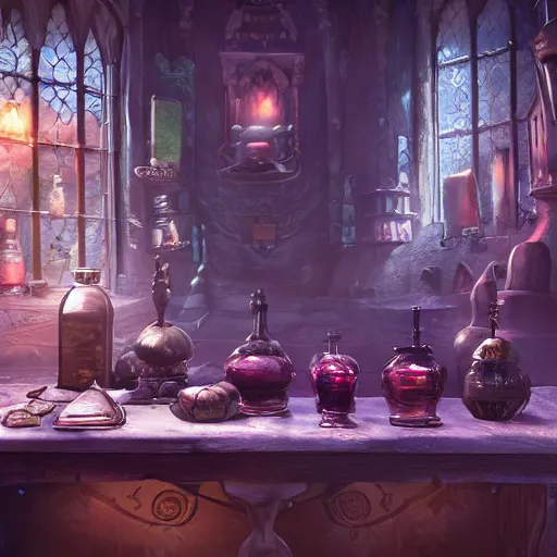 Image similar to inside a magical item shop, fantasy potion vendor interior, ufotable studio art style, gothic interior, 8K, octane render, unreal engine, dramatic lighting, cinematic, establishing shot, extremely high detail, foto realistic, cinematic lighting, post processed, concept art, high details, cinematic, 8k resolution, beautiful detailed, photorealistic, digital painting, artstation, concept art, smooth, sharp focus, artstation trending, octane render, unreal engine