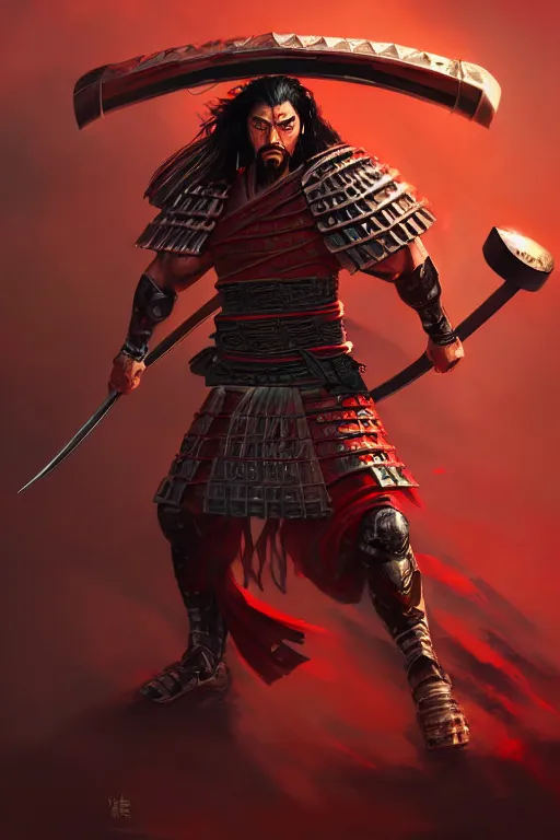 Image similar to roman reigns as a muscular ronin samurai, wearing a haori, by wlop and peter mohrbacher, dramatic action pose, extremely detailed shading, concept art, digital painting, trending on artstation, unreal engine 5, octane render, atmosphere, glow, cinematic lighting, full of color