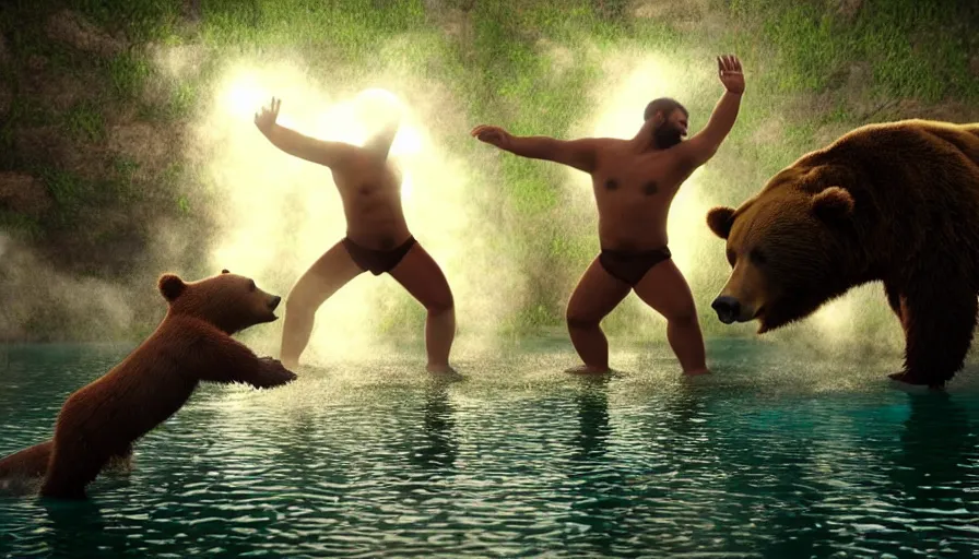 Prompt: fullbody portrait of bears playing capoeira in a hot spring. volumetric light, detailed, photorealistic, fantasy, rendered in octane