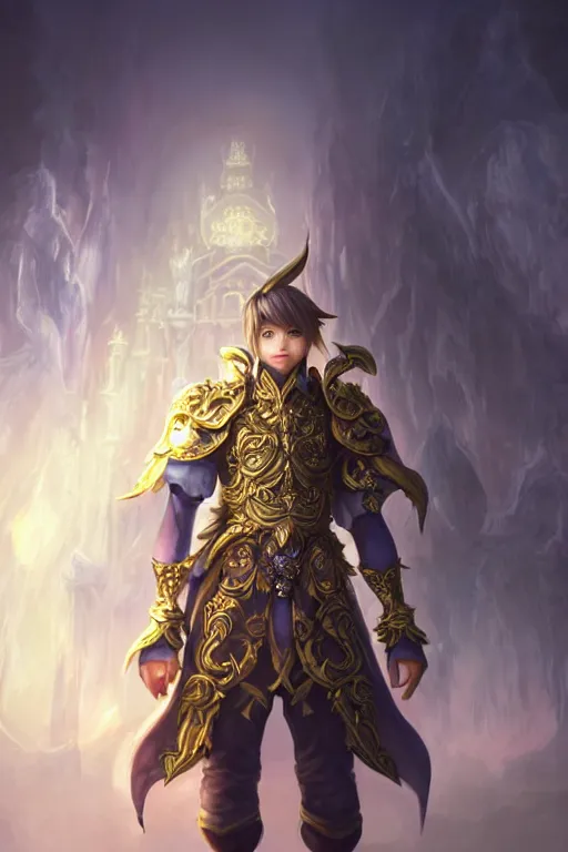 Image similar to fullbody portrait of a male fit hero with strange hairs, soft smile, baroque cloth, final fantasy, league of legends champion, strong iridescent light, by chengwei pan and sakimichan, gradient white to gold, in front of a magical building background, highly detailed portrait, digital painting, smooth, focus illustration