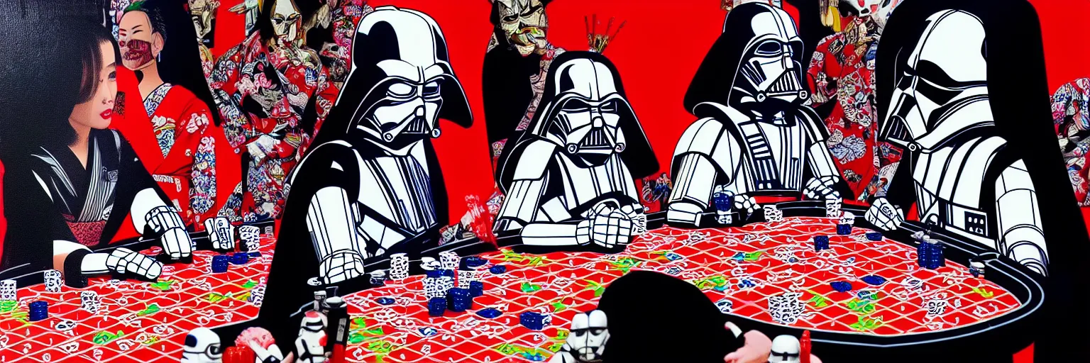 Image similar to hyperrealism composition of the detailed woman in a japanese kimono sitting at an extremely detailed poker table with darth vader and stormtrooper, ( ( r 2 d 2 ) ), ( ( c 3 po ) ), fireworks on the background, pop - art style, jacky tsai style, andy warhol style, acrylic on canvas