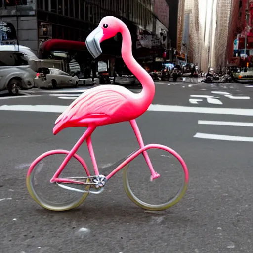 Image similar to flamingo riding a bicycle in New York City realistic photo, 50mm lens