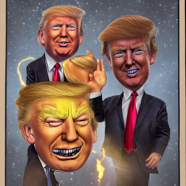 Image similar to a caricature of Donald Trump, with glowing yellow eyes, in style of Tom Bagshaw