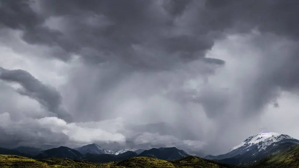 Image similar to a cinematic landscape photograph of a mountains peak in the clouds, thunder and lightning