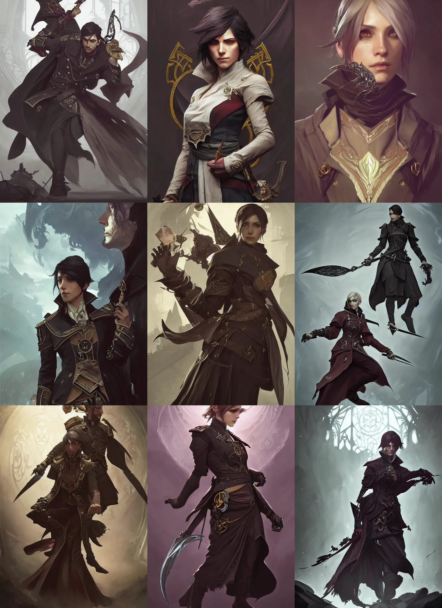Prompt: characters from dishonored combined with final fantasy 1 3, d & d, fantasy, intricate, elegant, highly detailed, digital painting, artstation, concept art, matte, sharp focus, illustration, hearthstone, art by artgerm and greg rutkowski and alphonse mucha