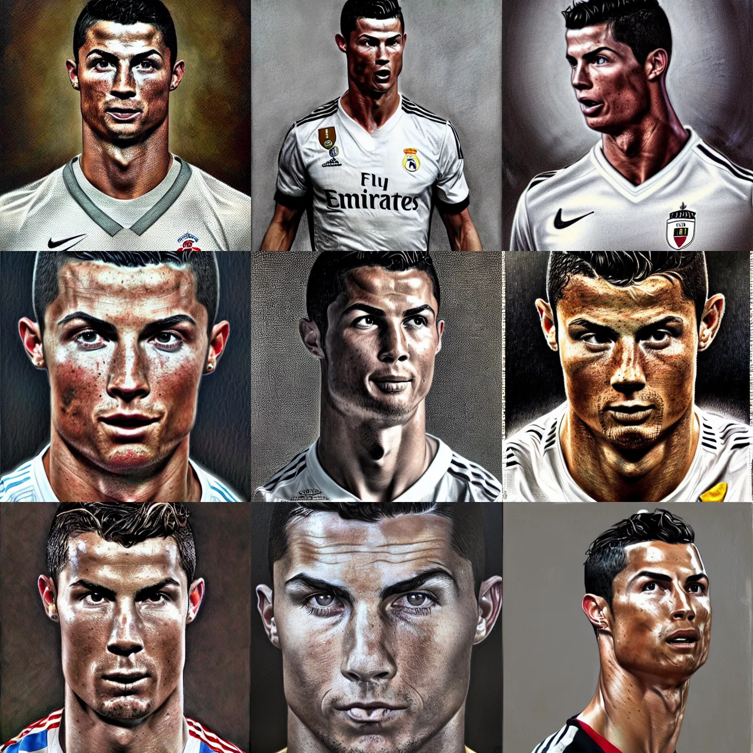 Prompt: a Cristiano Ronaldo portrait, photorealistic, highly detailed, art by brad kunkle