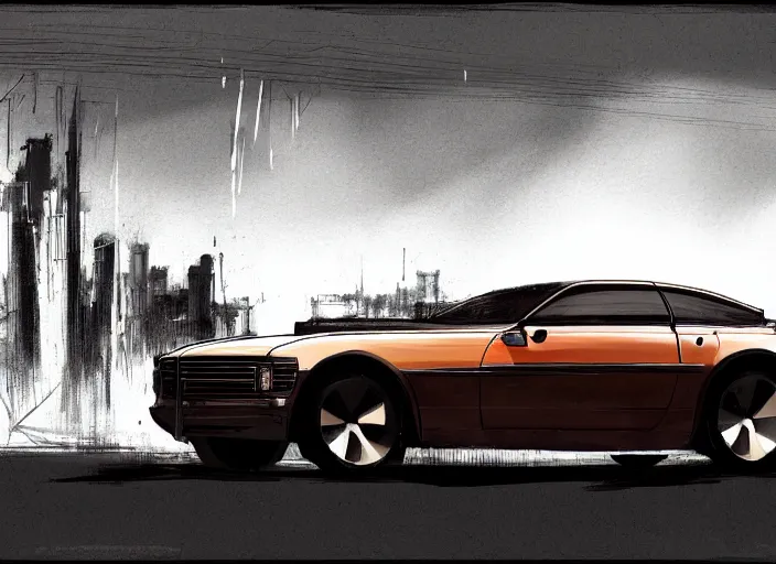 Image similar to wide view shot of a copper colored car with some black and white paint, designed by dmc and gmc, concept art style by john berky and liam wong and michael whelan.