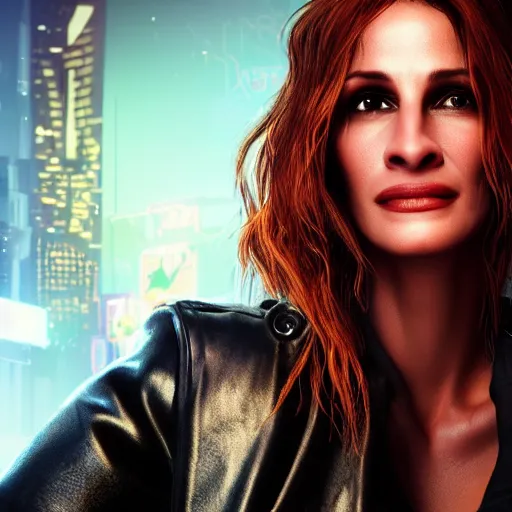 Image similar to julia roberts portrait, cyberpunk 2 0 7 7, cyberpunk v, rogue amendiares, photorealistic, ultra detailed, neon, octane, bokeh, cinematic lighting, cyber, cyberpunk city, studio quality, feature, scars, cyberface, 8 k