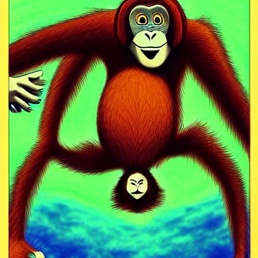 Image similar to surrealist orangutan, manga art, juji ito, style of uzumaki, spiral eyes