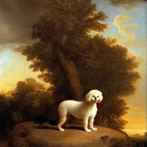 Prompt: a neoclassical painting of an overly muscular athletic small white poodle with murderous red eyes. nature study. akkadian landscape, vanilla colored morning sky. german realism. von amerling. dahlenberg.