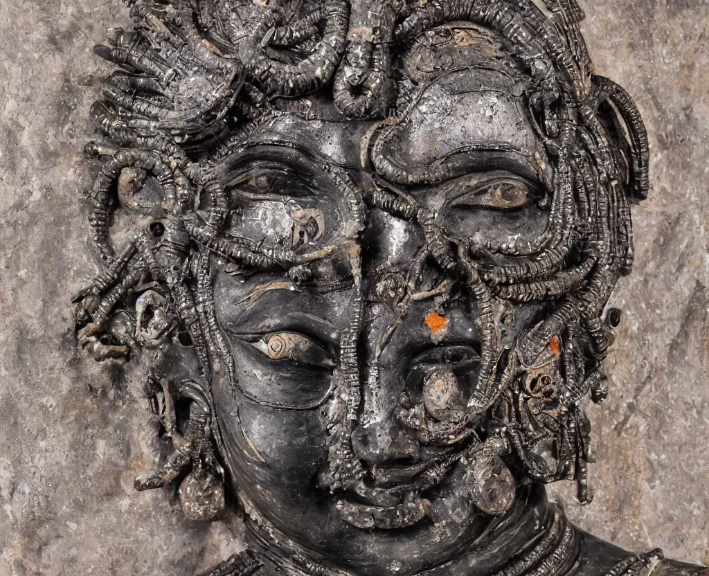 Image similar to high relief indian sculpture of cyborg demon woman, made of polychrome plaster stucco, covered in black shiny metallic paint, middle eastern, cracked, gyokugan eyes, dirty, low modern faceted style patterns, realistic, on a large marble wall, highly detailed, photography, high contrast, masterpiece,