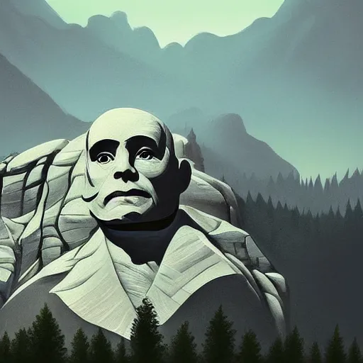 Image similar to highly detailed professional landscape painting of alien bust carved into the mountains in the style of mount rushmore, trending on artstation, ultra detail, atmospheric lighting, sci - fi, futuristic, cyberpunk