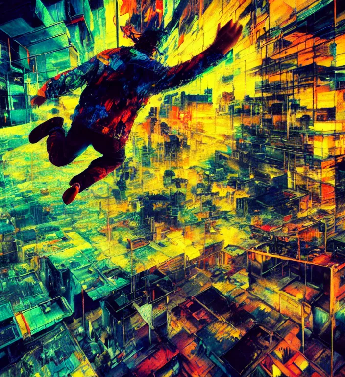 Prompt: realistic detailed image of a man jumping of a roof of ruined city by adrian ghenie and franz marc, high quality, ultra detailed. masterpiece, oil on canvas painting, pixel sorting, glitch, datamosh. bold and vivid acid neon colors. 8 k