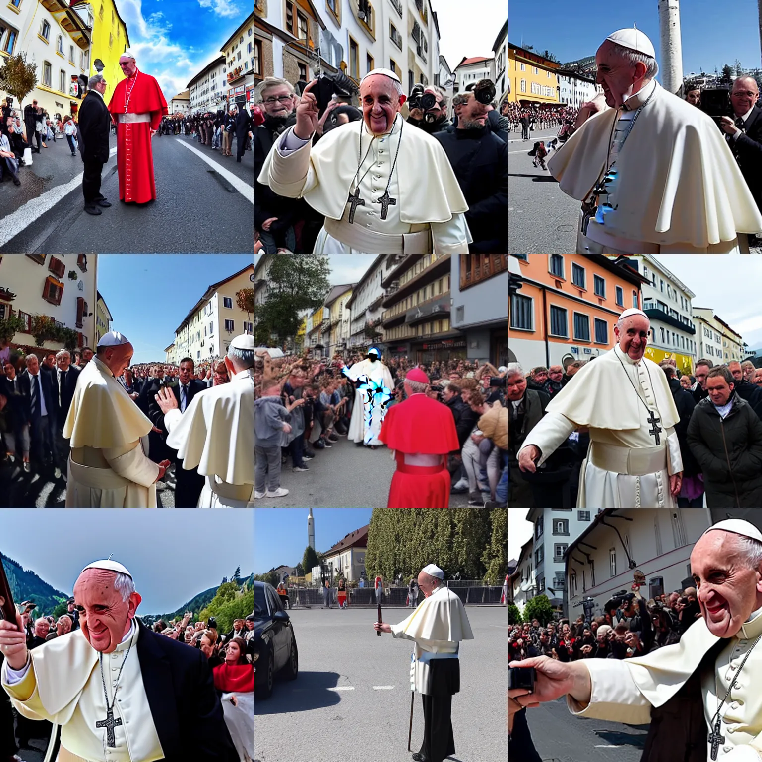 Prompt: the pope in the streets of austria, holding a shotgun, taken on go pro hero8