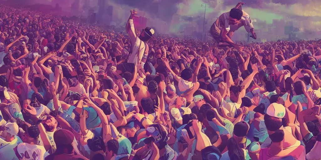 Image similar to rapper leaning over huge crowd reaching up to him, digital art, vapor wave, hip hop, trending on Artstation, professional artist, detailed, 4k