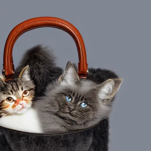 Image similar to lots of furry cats inside a big handbag, the handbag is over a wood table, gray background, studio lighting around the entire handbag, detailed photo, 4 k, 8 k