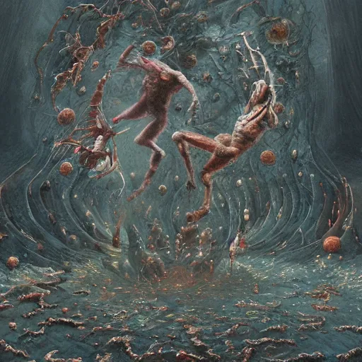 Image similar to two demons dance ballet in hell, surrounded by spheres!!!, beksinski, dariusz zawadzki, very coherent symmetrical artwork. cinematic, hyper realism, high detail, octane render, 8 k