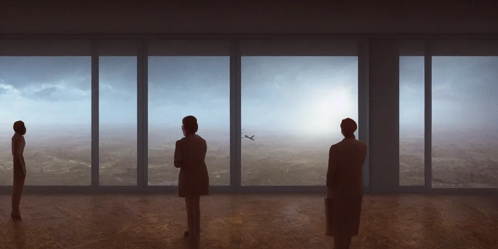 Prompt: Business professionals looking out a large window seeing the climate change migrant crisis outside of a fortified Los Angeles by zdzislaw beksinski, detailed lighting, high quality, sharp focus, intricate, octane render, unreal engine 5, artstation, 4k, 25mm film grain