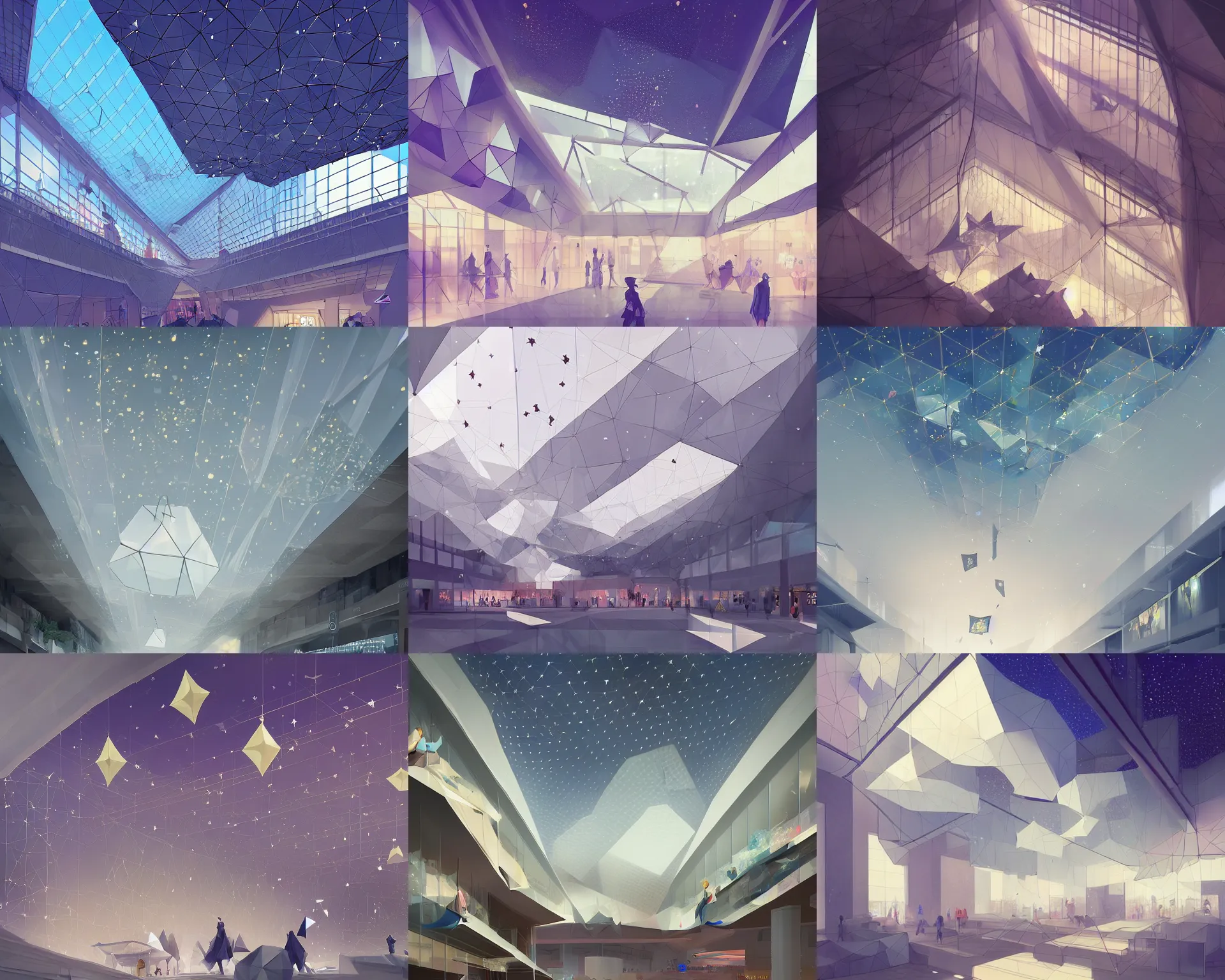 Prompt: polygonal minimalist mall with giant walls and glass ceilings showing the stars and hanging silk drapery and tapestries, light dust, magnificent, close up, details, sharp focus, elegant, highly detailed, illustration, by Jordan Grimmer and greg rutkowski and PiNe(パイネ) and 薯子Imoko and 香川悠作 and wlop and maya takamura, intricate, beautiful, Trending artstation, pixiv, digital Art