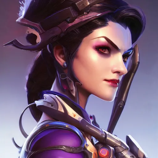 Image similar to Closeup of Widowmaker from Overwatch, D&D, fantasy, intricate, elegant, highly detailed, digital painting, artstation, concept art, matte, sharp focus, illustration, hearthstone, art by Artgerm and Greg Rutkowski and Alphonse Mucha