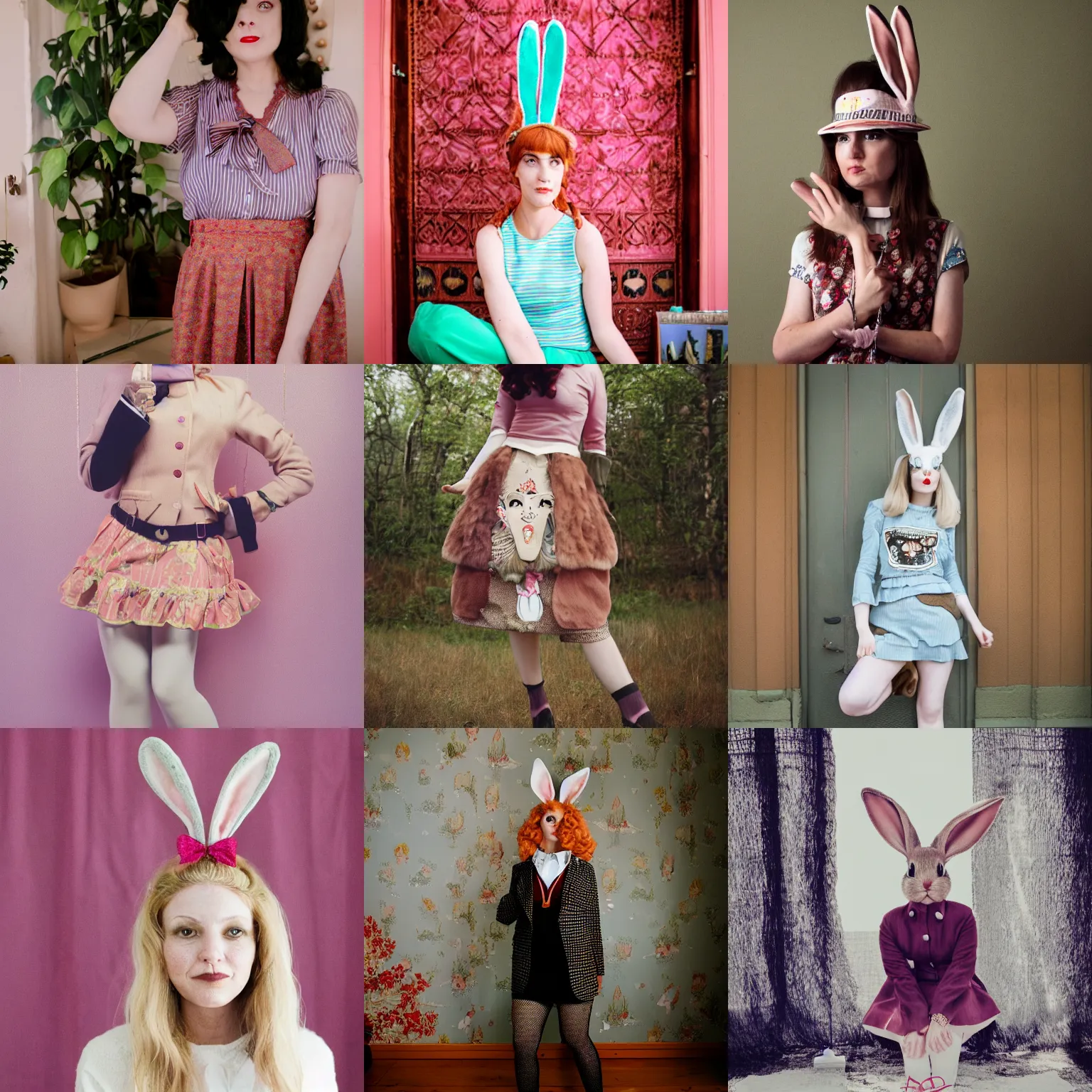 Prompt: photograph of a woman wearing bunnyprep fashion by wes anderson, bunnyprep, bunny, rabbit