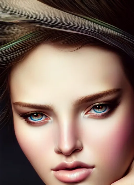 Image similar to a gorgeous female photo, professionally retouched, award winning, hyperdetailed, photorealism, soft lighting, feather hair, realistic, smooth face, perfect eyes, wide angle, sharp focus on eyes, 8 k high definition, insanely detailed, intricate, elegant, art by artgerm and greg rutkowski and j scott campbell