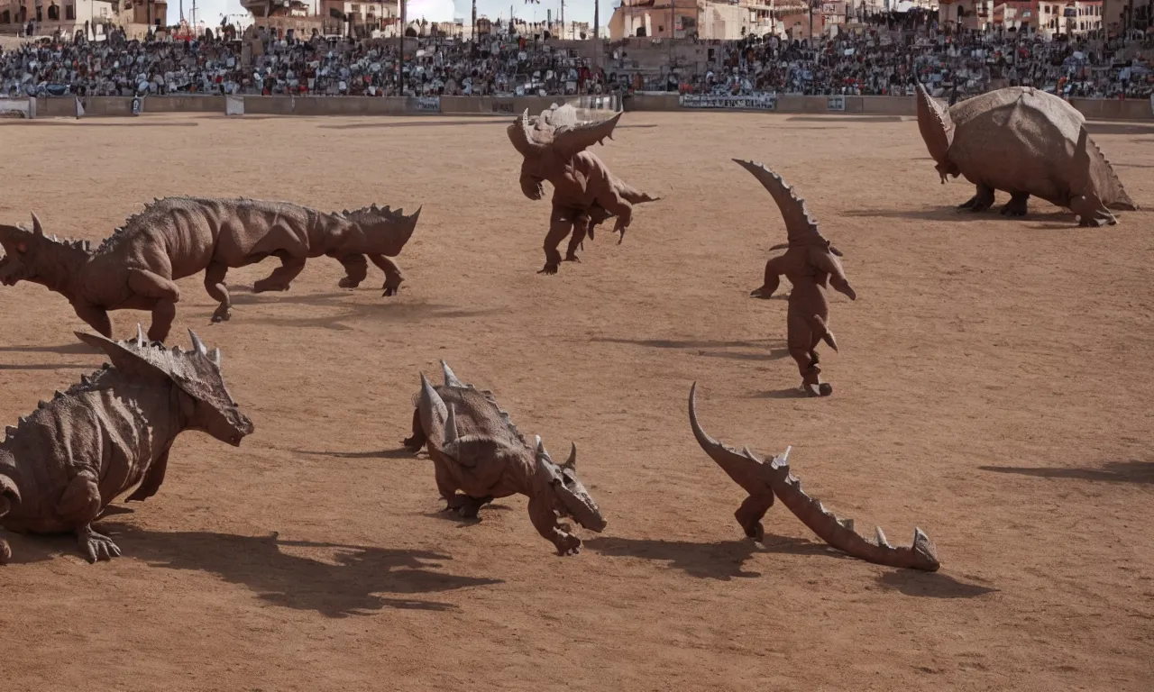 Image similar to a toreador facing off against a horned dinosaur in the plaza de toros, madrid. extreme long shot, midday sun, kodachrome