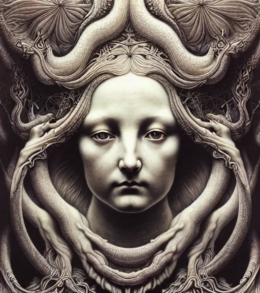 Prompt: detailed realistic porcelain beautiful moon goddess face portrait by jean delville, gustave dore, iris van herpen and marco mazzoni, art forms of nature by ernst haeckel, art nouveau, symbolist, visionary, gothic, neo - gothic, pre - raphaelite, fractal lace, intricate alien botanicals, ai biodiversity, surreality, hyperdetailed ultrasharp octane render