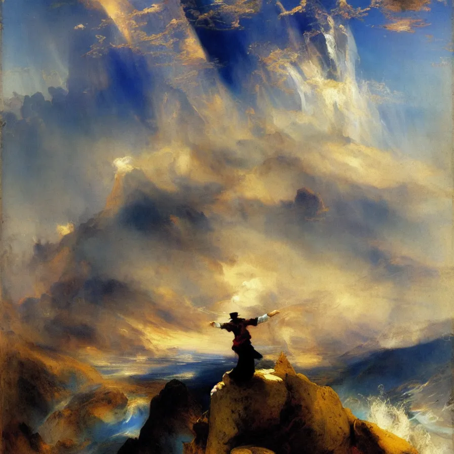 Prompt: tightrope artist walking among the clouds. painted by thomas moran. blue and indigo color scheme.