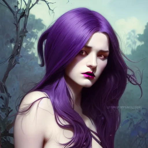 Prompt: american evil girl black - purple long hair, tane skin, purple eyes, dark purple lips, intricate, elegant, highly detailed, my rendition, digital painting, artstation, concept art, smooth, sharp focus, illustration, art by artgerm and greg rutkowski and alphonse mucha and uang guangjian and gil elvgren and sachin teng, symmetry!!