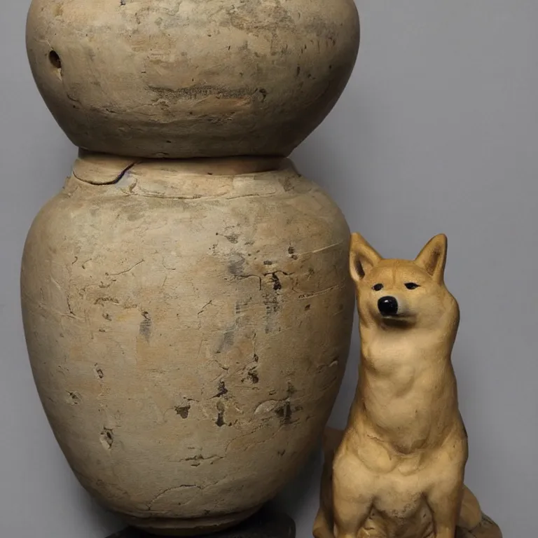 Prompt: ancient greek urn painted with a shiba inu god, good condition, well preserved archeological find