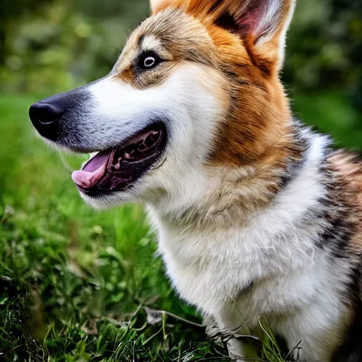 Image similar to A direwolf and corgi mixed dog, photography