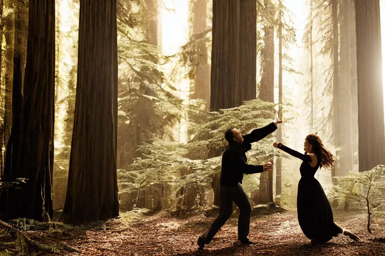 Image similar to cinematography closeup portrait of couple dancing in the redwood forest, thin flowing fabric, natural light by Emmanuel Lubezki