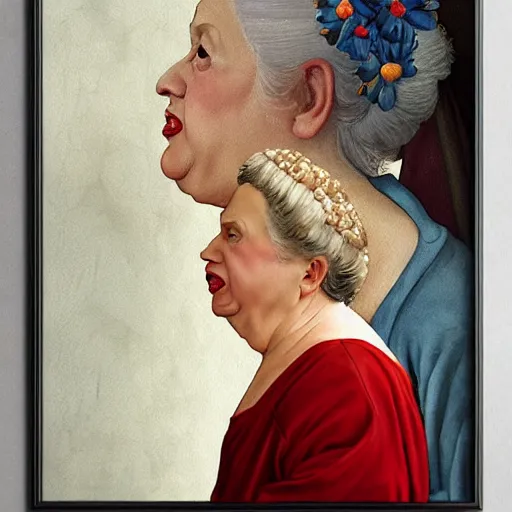 Image similar to a very funny stylize oil painting in renaissance style of a sweet fat old woman kissing her reflection. symmetry face, red mouth, blue eyes. flowery dress. hyper realistic scene. 3 d, octane render, deep focus, white scene. very funny and sweet image. unreal engine. watercolor. fellini style. poster quality. da vinci painting style.