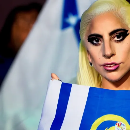 Image similar to Lady Gaga as president, Argentina presidential rally, Argentine flags behind, bokeh, giving a speech, detailed face, Argentina