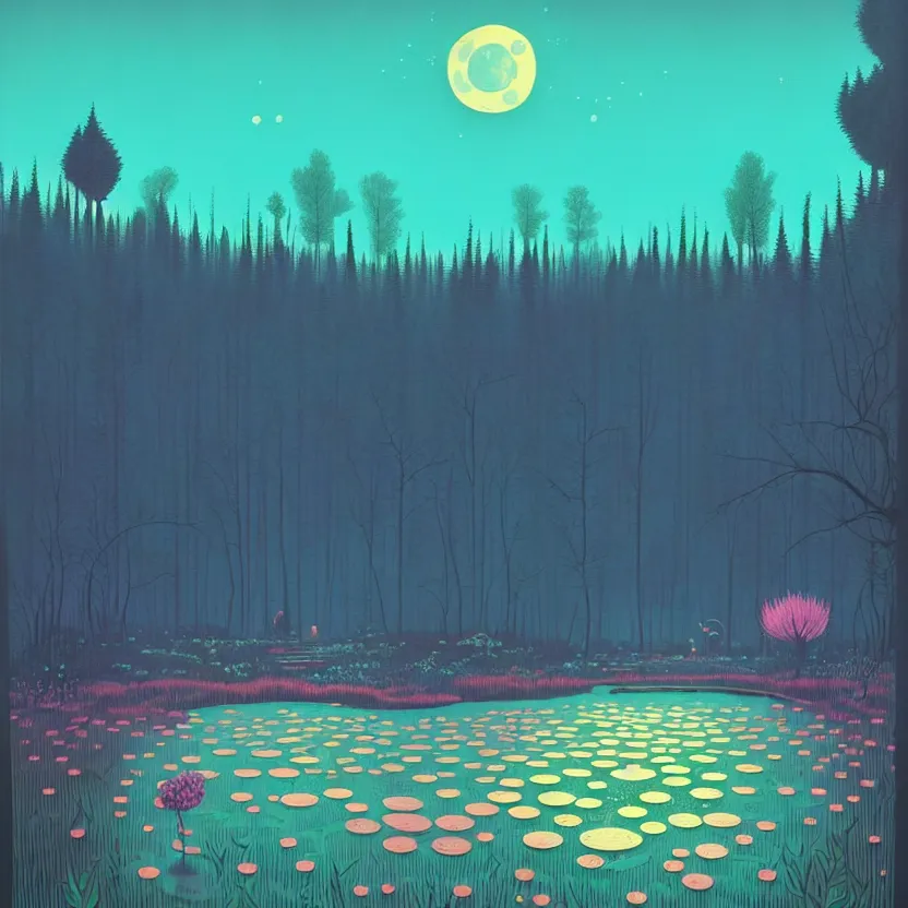 Image similar to ( ( ( gediminas pranckevicius ) ) ), a pond in the forest, moonlight, flower garden summer morning, very coherent and colorful high contrast art by simon stalenhag james gilleard floralpunk screen printing woodblock, dark shadows, pastel color, hard lighting